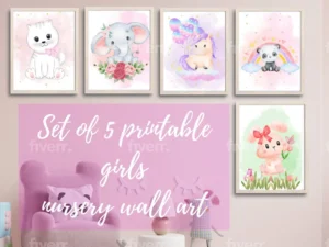 A set of 5 printable girls nursery wall art