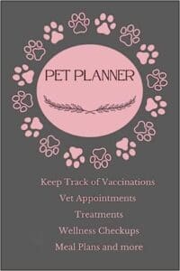 A pink and grey cover of the pet planner.