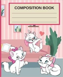 A composition book with three cats on it.