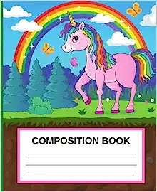 A composition book with a unicorn and rainbow.