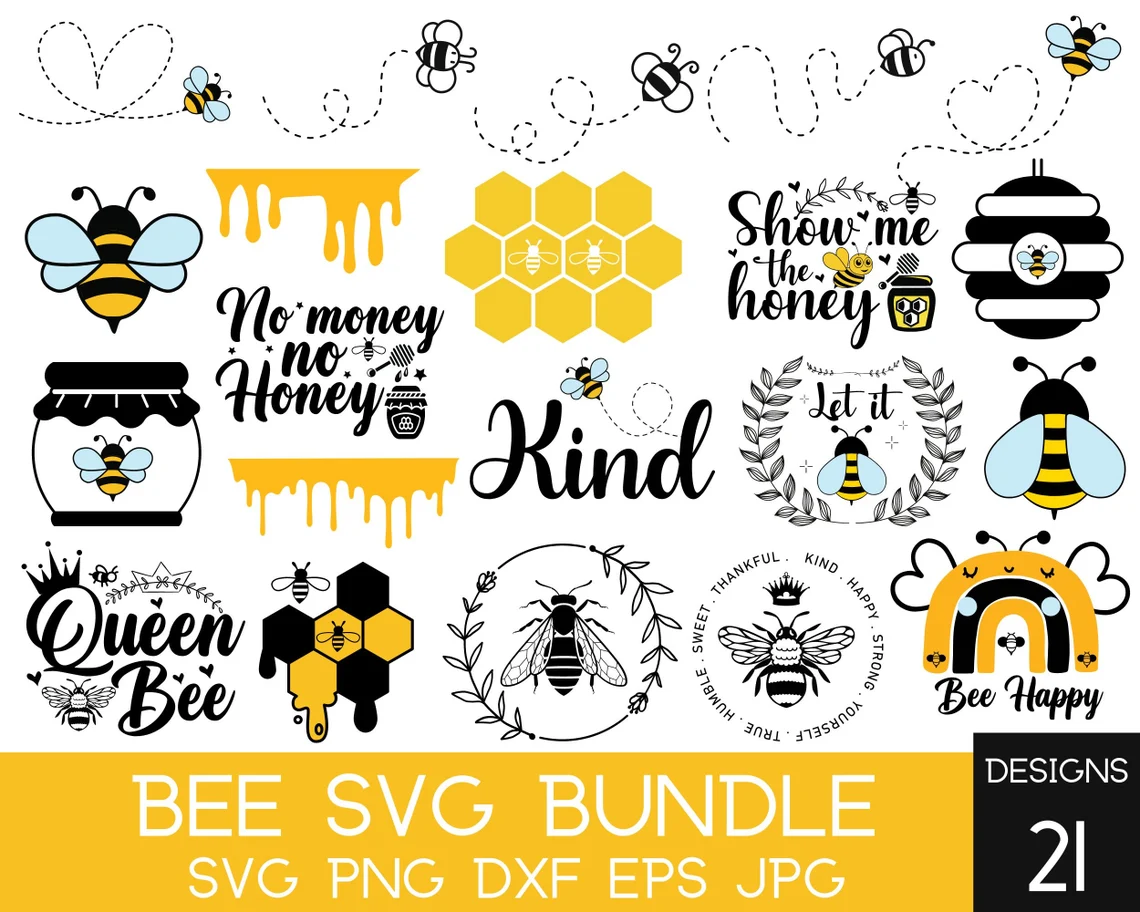 A bundle of bee svg designs with words and bees.