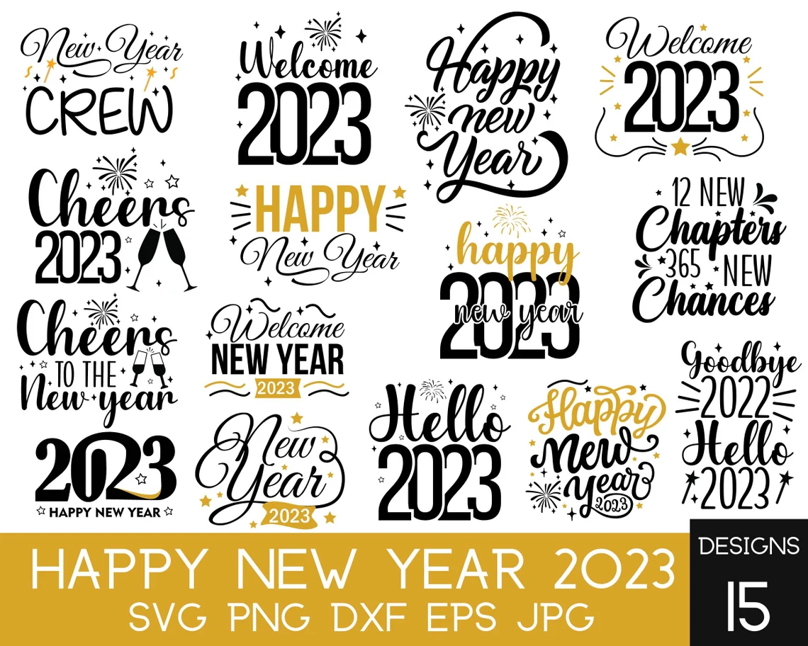 A bunch of new year 's eve designs that are in black and white.