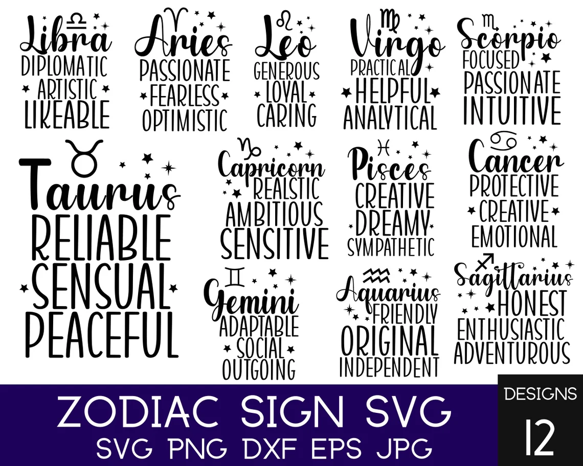 A collection of zodiac signs with horoscope symbols.