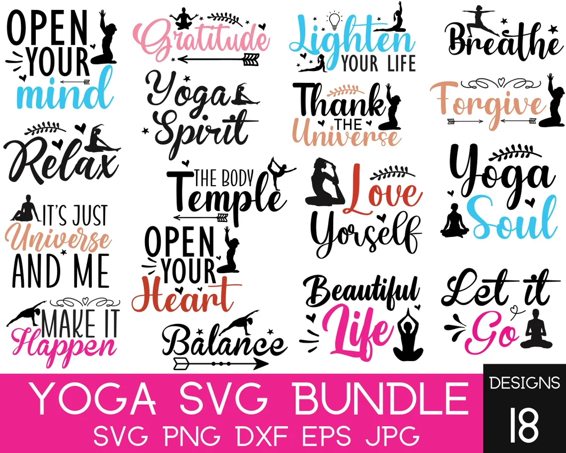 A bundle of yoga svg designs with words.