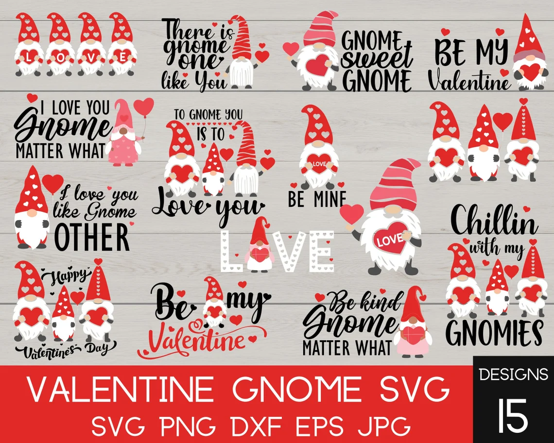 A collection of valentine gnome svg designs.