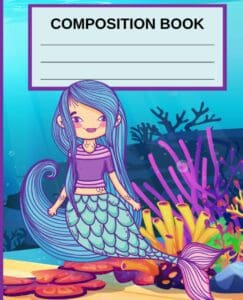 A mermaid with long hair and purple shirt sitting on the ocean.