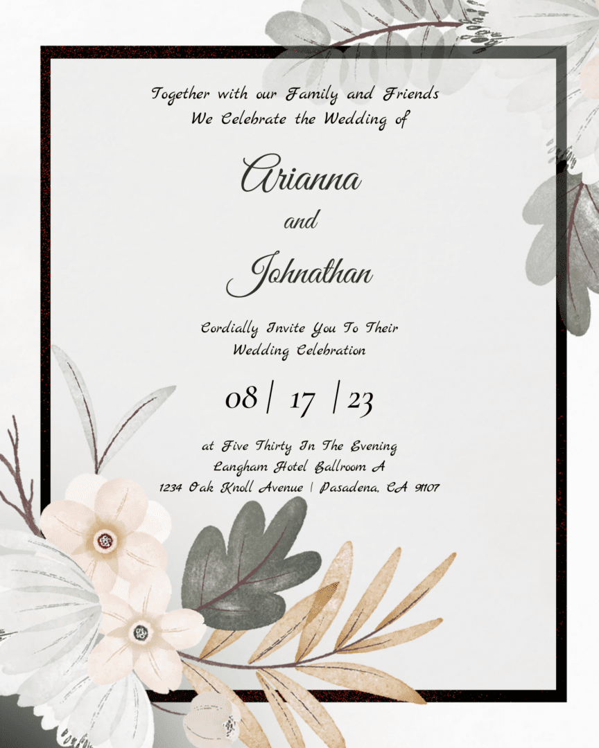 A wedding invitation with flowers and leaves.