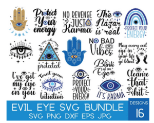 A bundle of evil eye svg designs with different sayings.