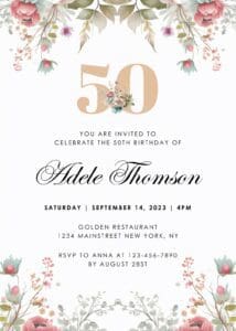 A 5 0 th birthday party invitation with flowers