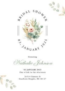 A bridal shower invitation with flowers and leaves.