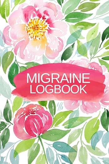 A pink and green floral migraine logbook cover.