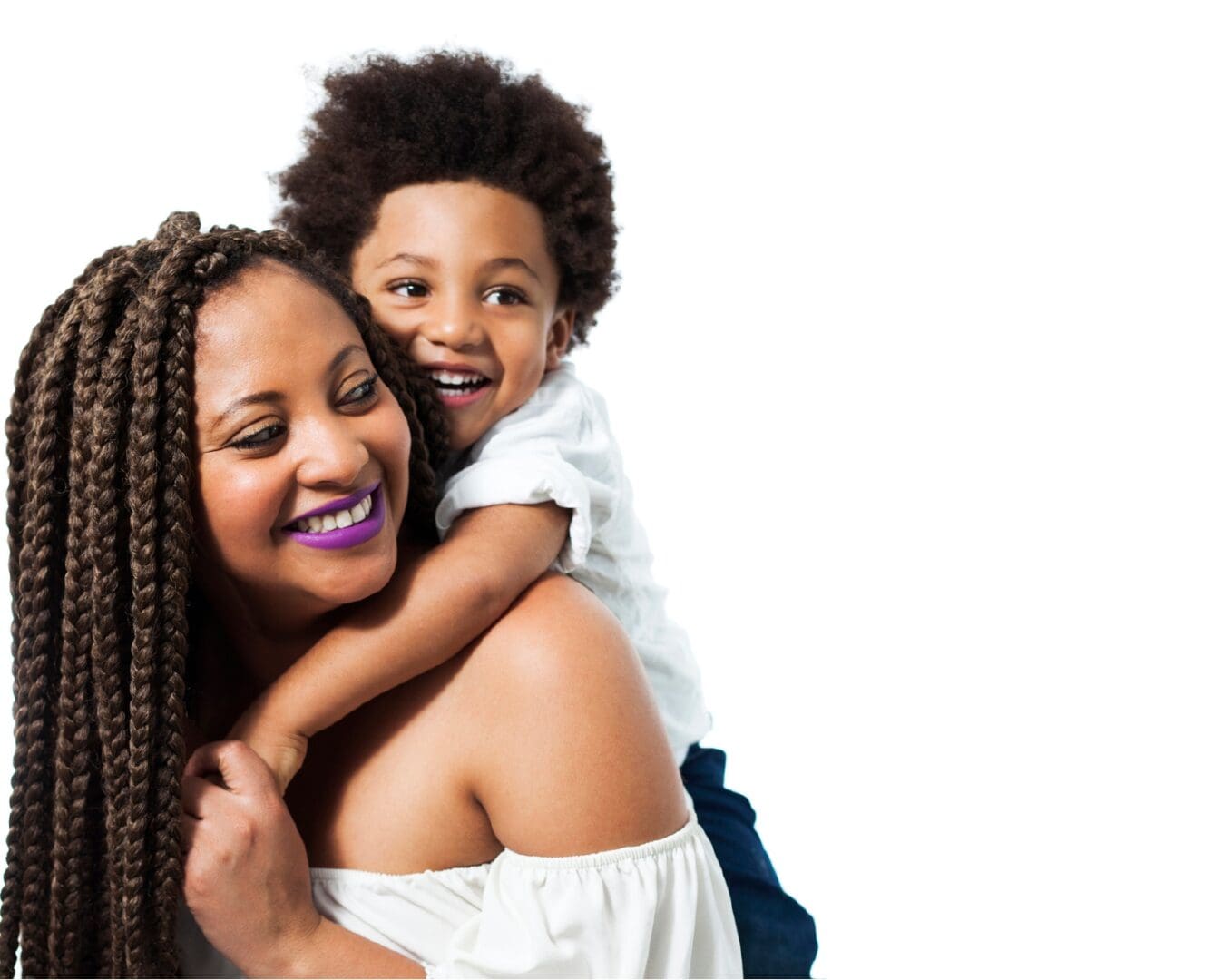 A mother and child smiling, showcasing a fresh perspective on the bond between parent and child, against a white background.